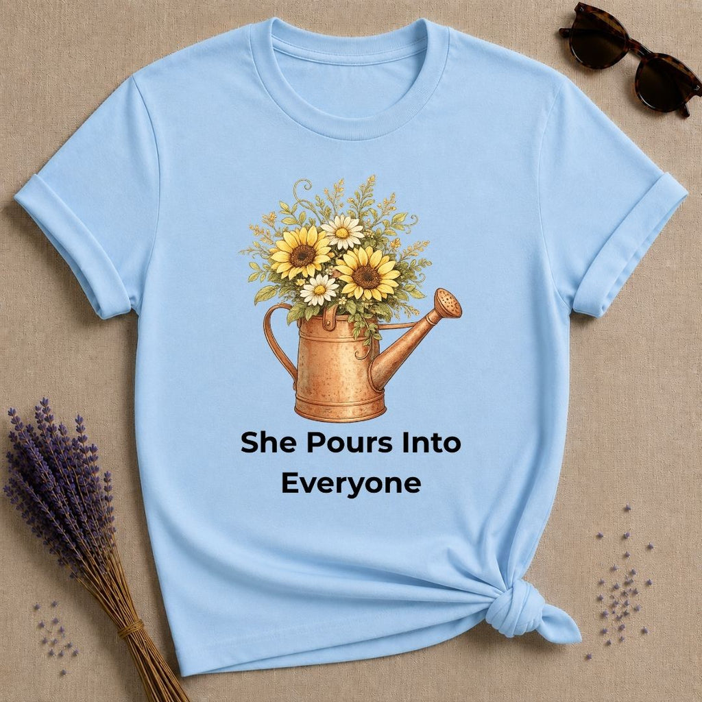 She Pours Into Everyone — Watering Can Floral T-Shirt for Women in Light Blue