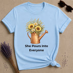 She Pours Into Everyone — Watering Can Floral T-Shirt for Women in Light Blue