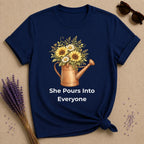 She Pours Into Everyone — Watering Can Floral T-Shirt for Women in Navy