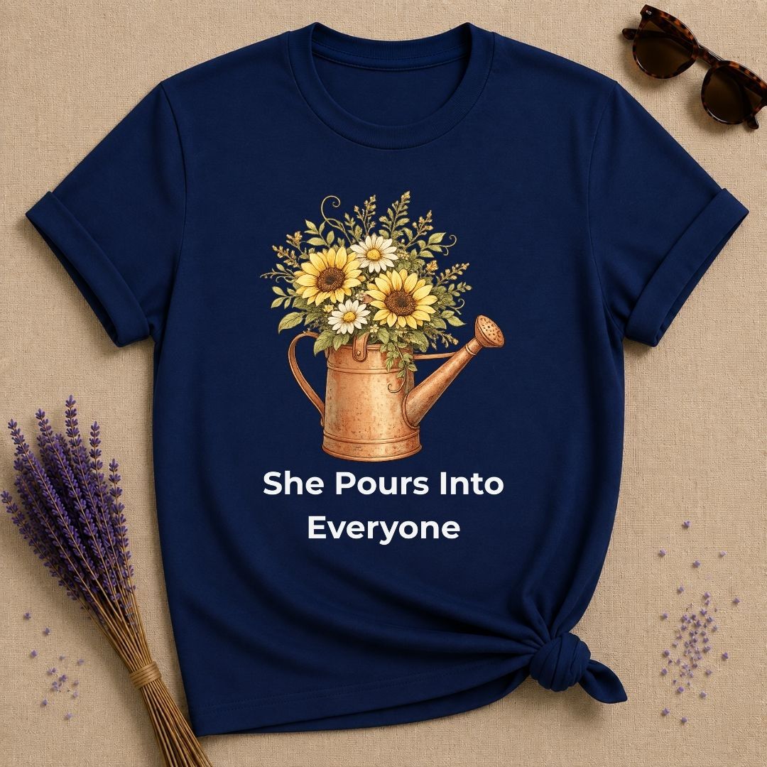 She Pours Into Everyone — Watering Can Floral T-Shirt for Women in Navy