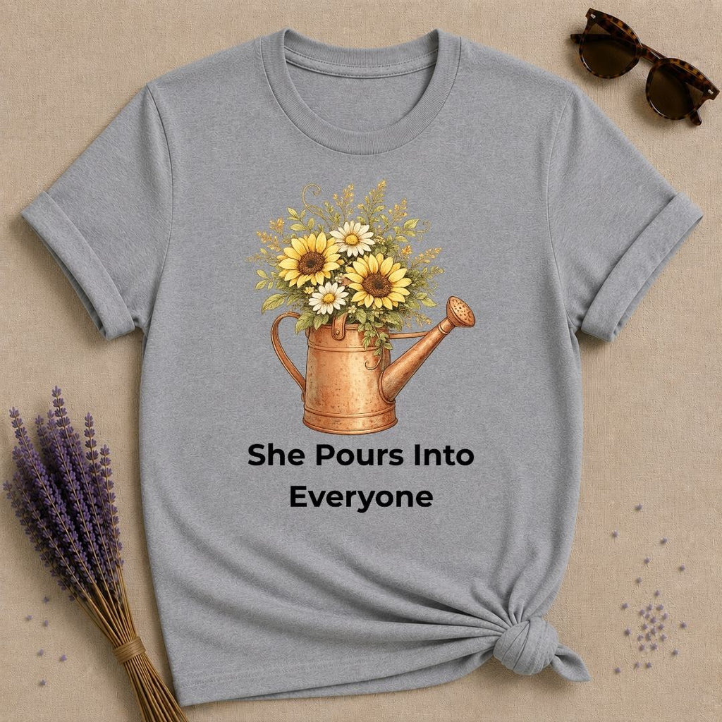 She Pours Into Everyone — Watering Can Floral T-Shirt for Women in Sport Grey