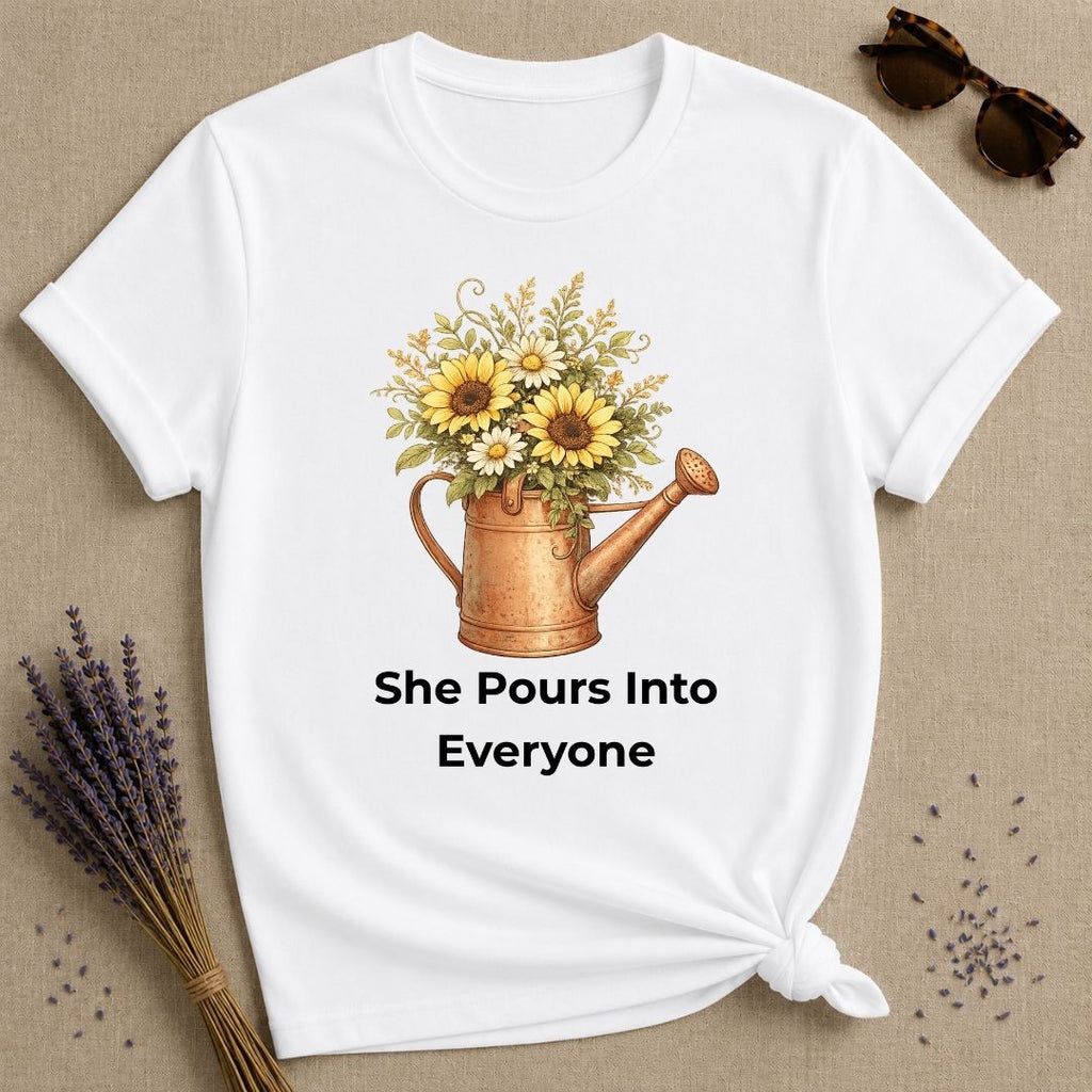She Pours Into Everyone — Watering Can Floral T-Shirt for Women in White