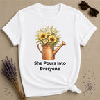 She Pours Into Everyone — Watering Can Floral T-Shirt for Women in White