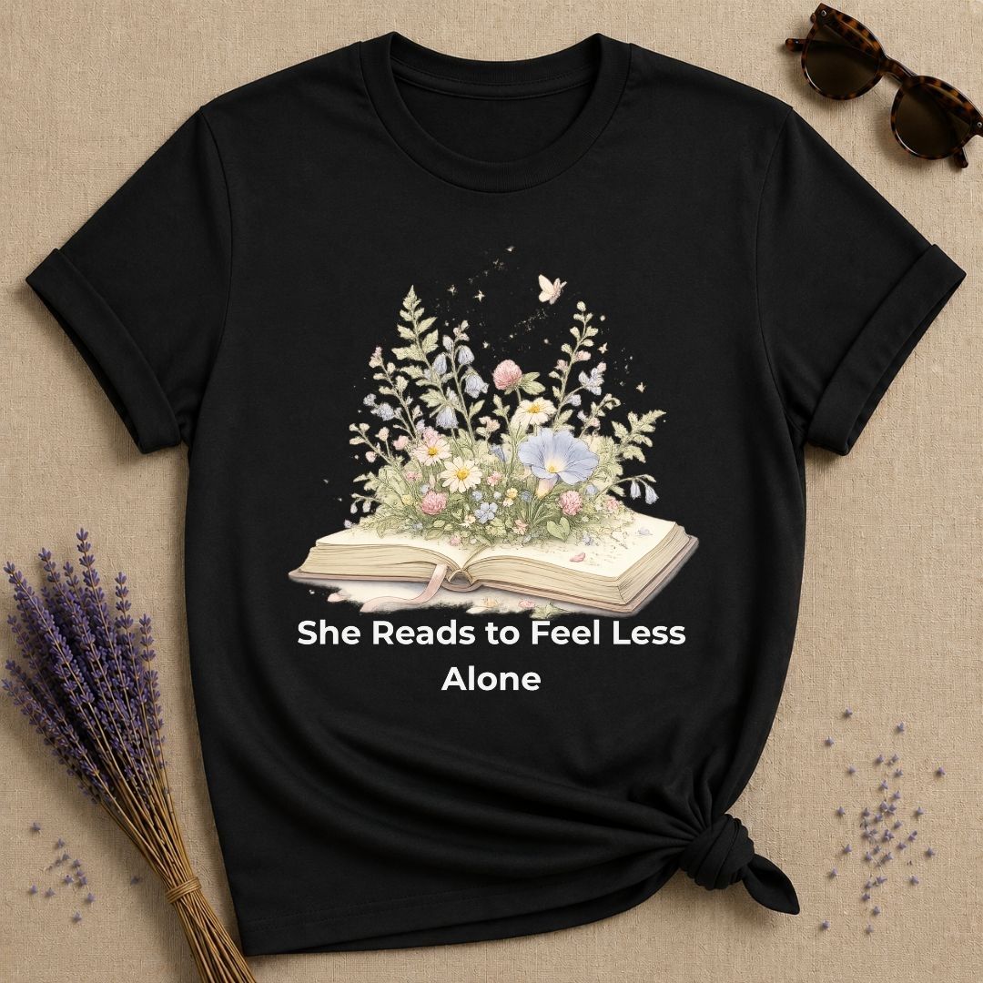 She Reads to Feel Less Alone — Open Book Garden T-Shirt for Women in Black