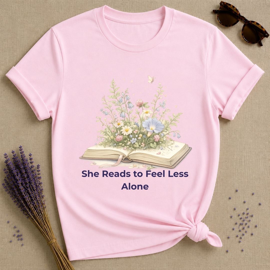 She Reads to Feel Less Alone — Open Book Garden T-Shirt for Women in Light Pink