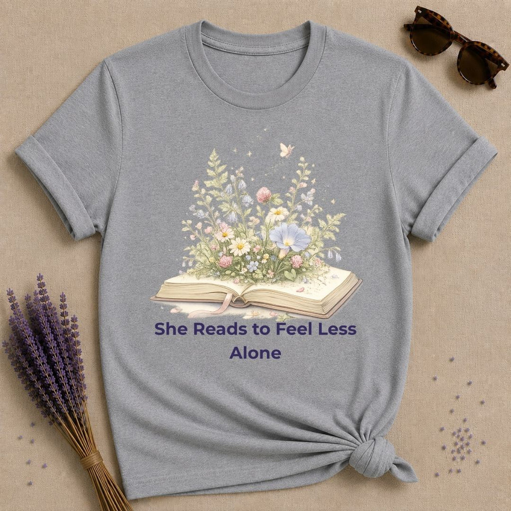 She Reads to Feel Less Alone — Open Book Garden T-Shirt for Women in Sport Grey
