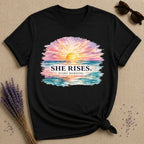 She Rises Every Morning — Watercolor Ocean Sunrise T-Shirt for Women in Black