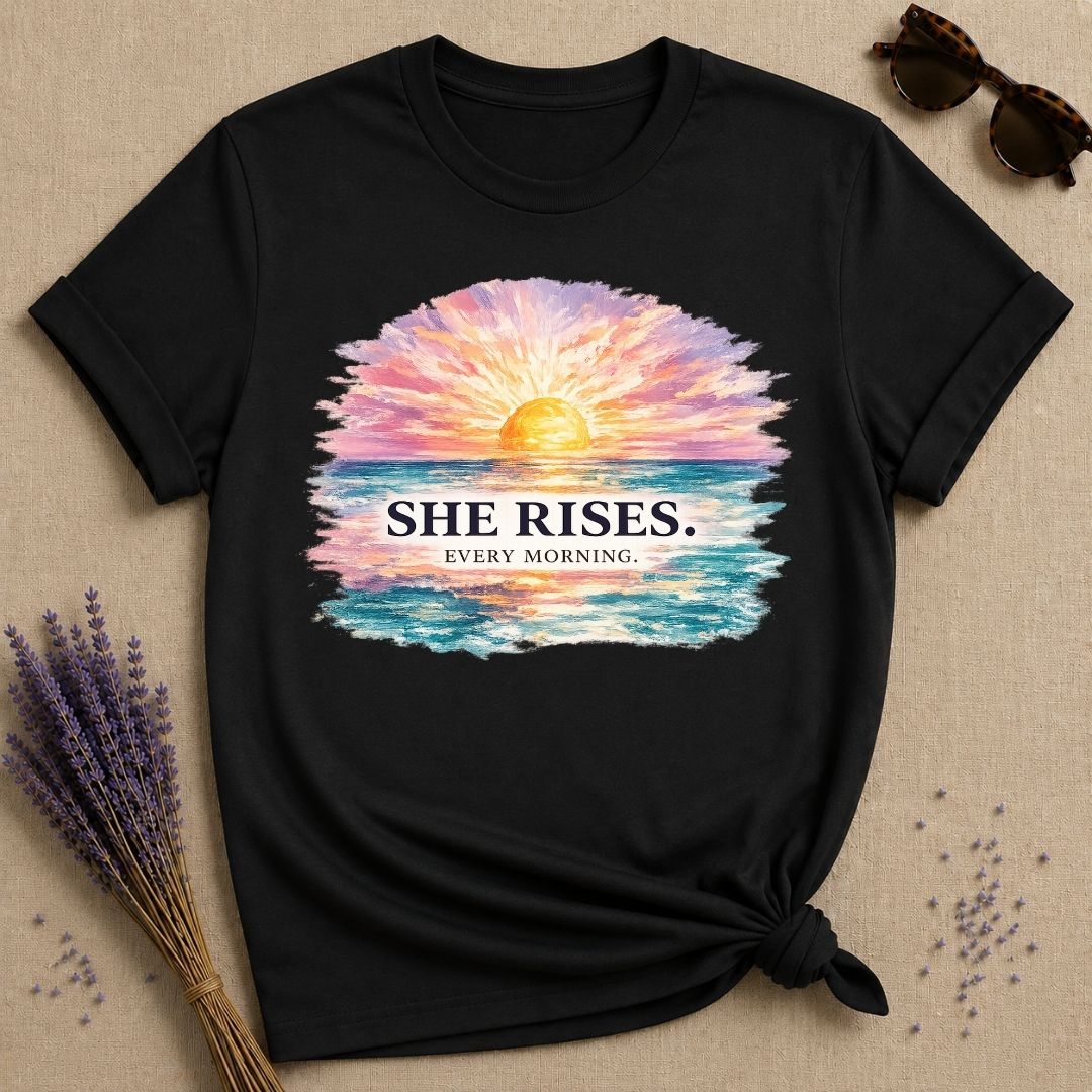 She Rises Every Morning — Watercolor Ocean Sunrise T-Shirt for Women in Black