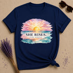 She Rises Every Morning — Watercolor Ocean Sunrise T-Shirt for Women in Navy