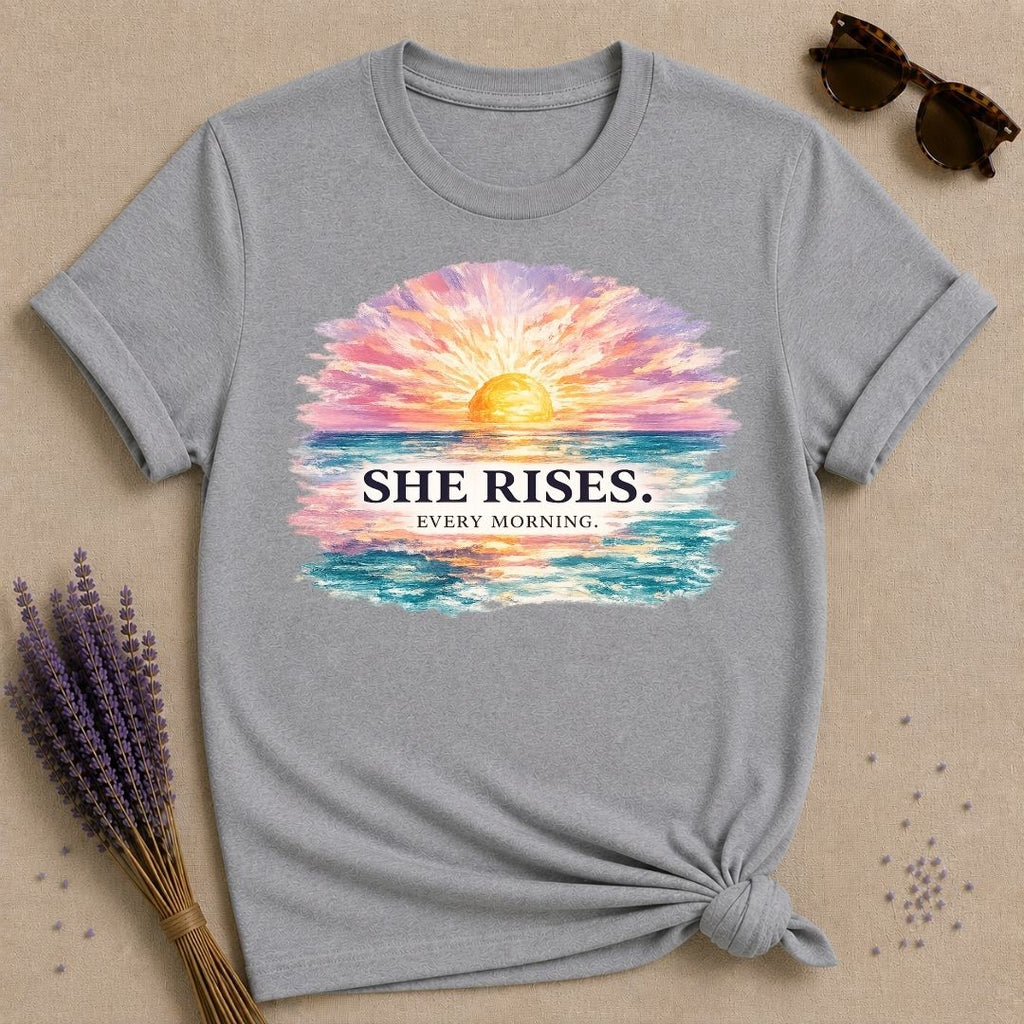 She Rises Every Morning — Watercolor Ocean Sunrise T-Shirt for Women in Sport Grey