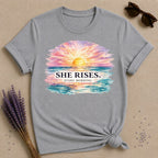 She Rises Every Morning — Watercolor Ocean Sunrise T-Shirt for Women in Sport Grey