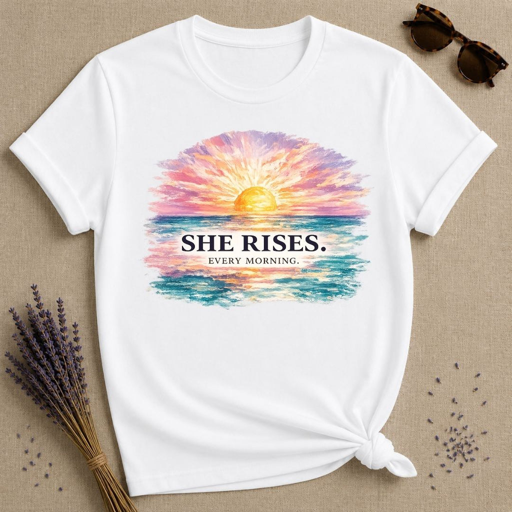 She Rises Every Morning — Watercolor Ocean Sunrise T-Shirt for Women in White