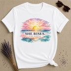 She Rises Every Morning — Watercolor Ocean Sunrise T-Shirt for Women in White