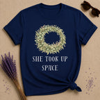 She Took Up Space — Botanical Wreath T-Shirt for Women in Navy