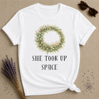 She Took Up Space — Botanical Wreath T-Shirt for Women in White