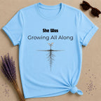 She Was Growing All Along — Seedling Roots Botanical T-Shirt for Women in Sky