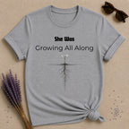 She Was Growing All Along — Seedling Roots Botanical T-Shirt for Women in Sport Grey