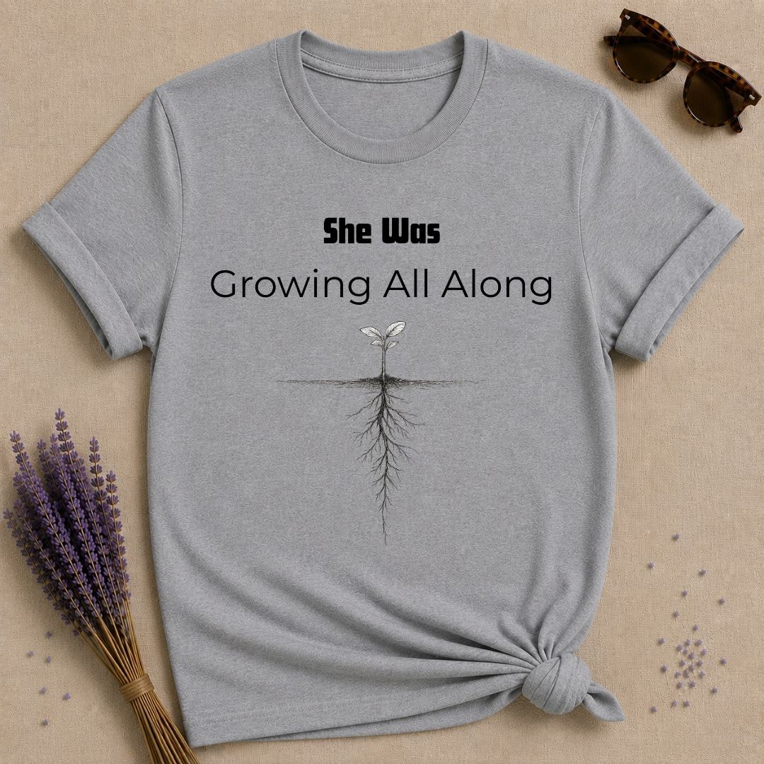 She Was Growing All Along — Seedling Roots Botanical T-Shirt for Women in Sport Grey