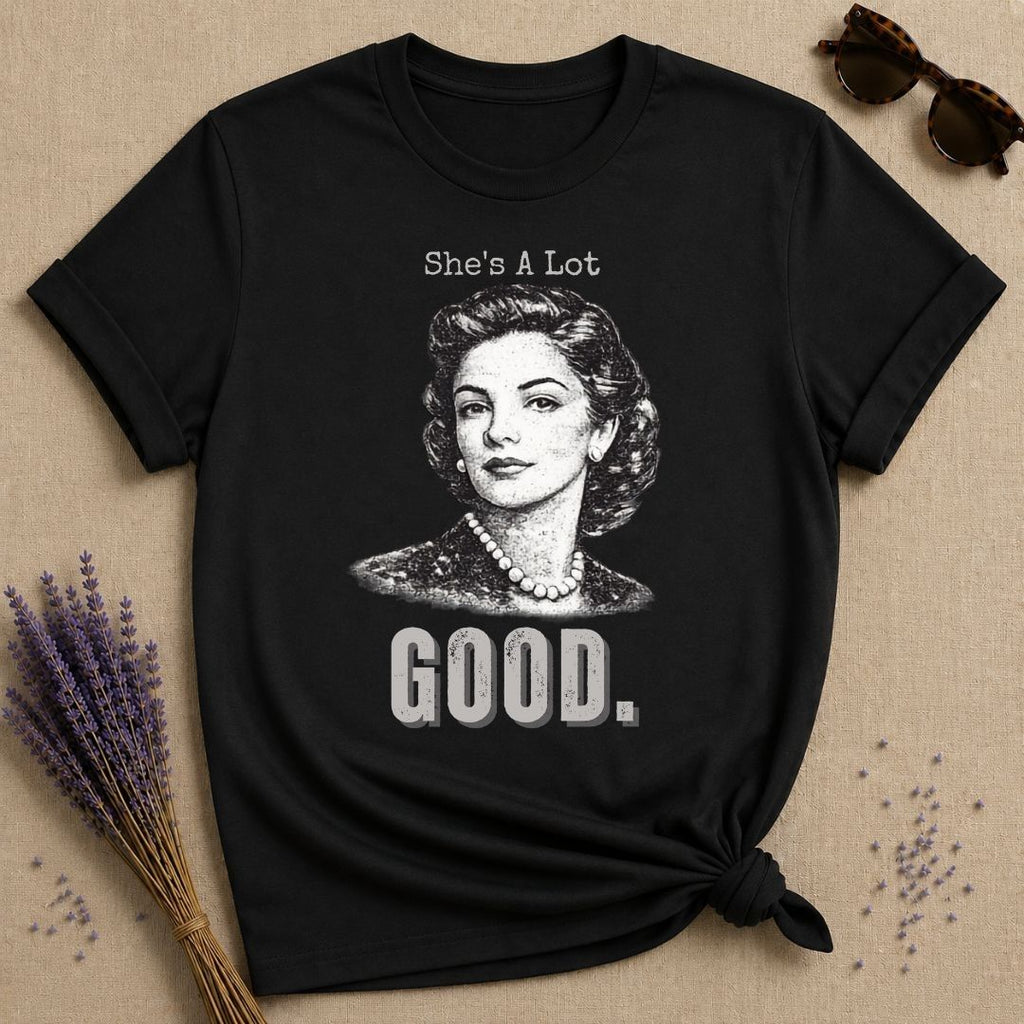 She’s a Lot Good — Washed Out Retro Portrait T-Shirt for Women in Black
