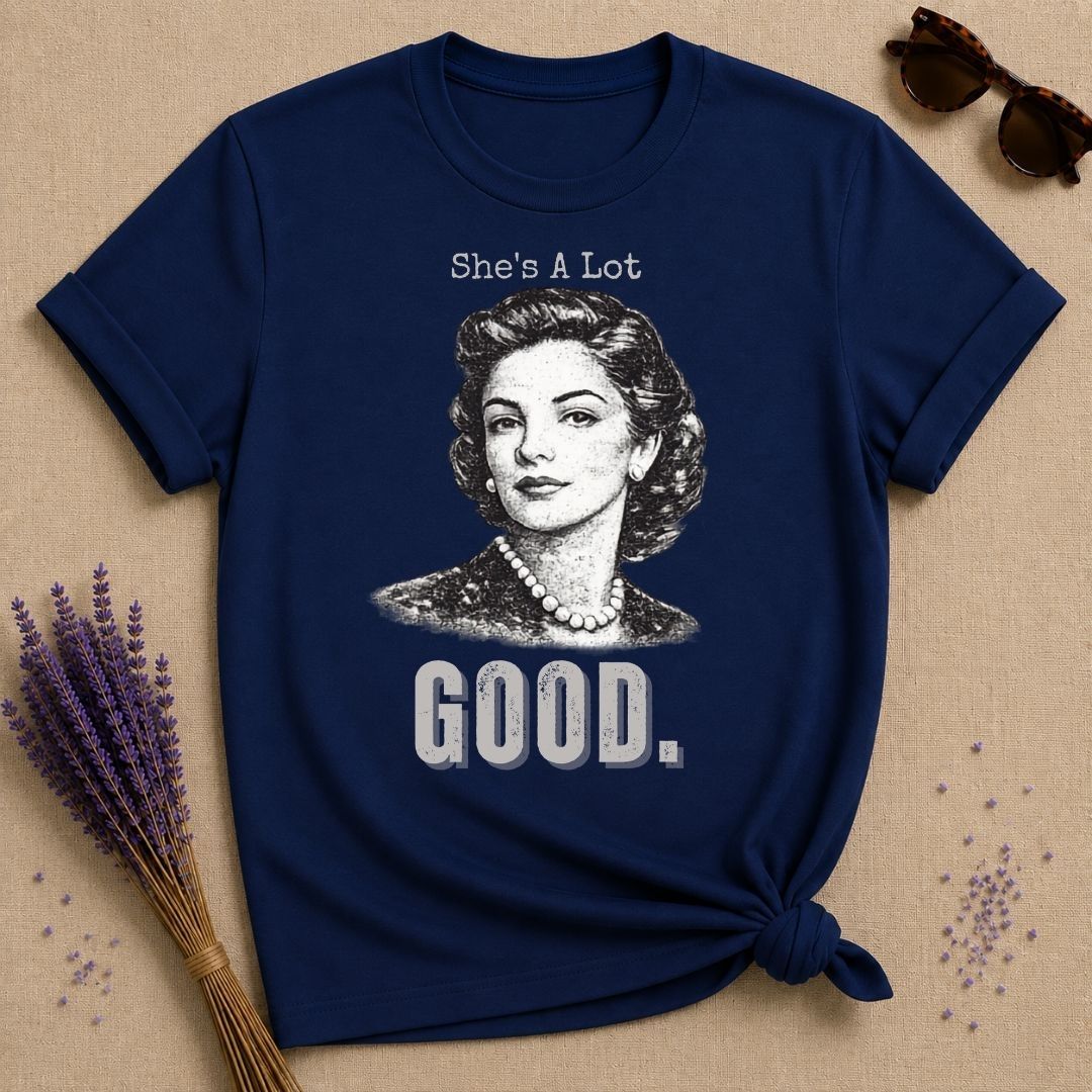 She’s a Lot Good — Washed Out Retro Portrait T-Shirt for Women in Navy
