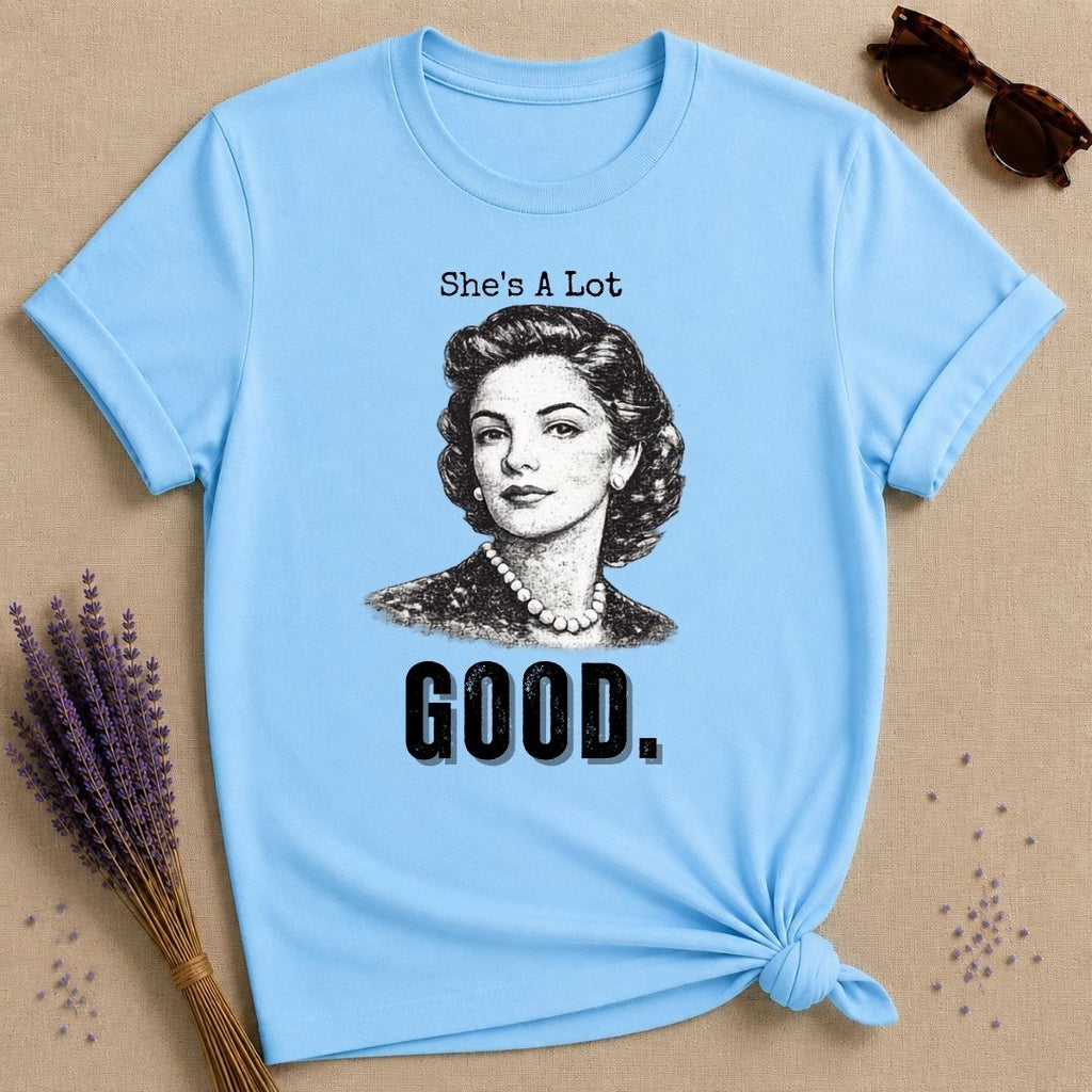 She’s a Lot Good — Washed Out Retro Portrait T-Shirt for Women in Sky