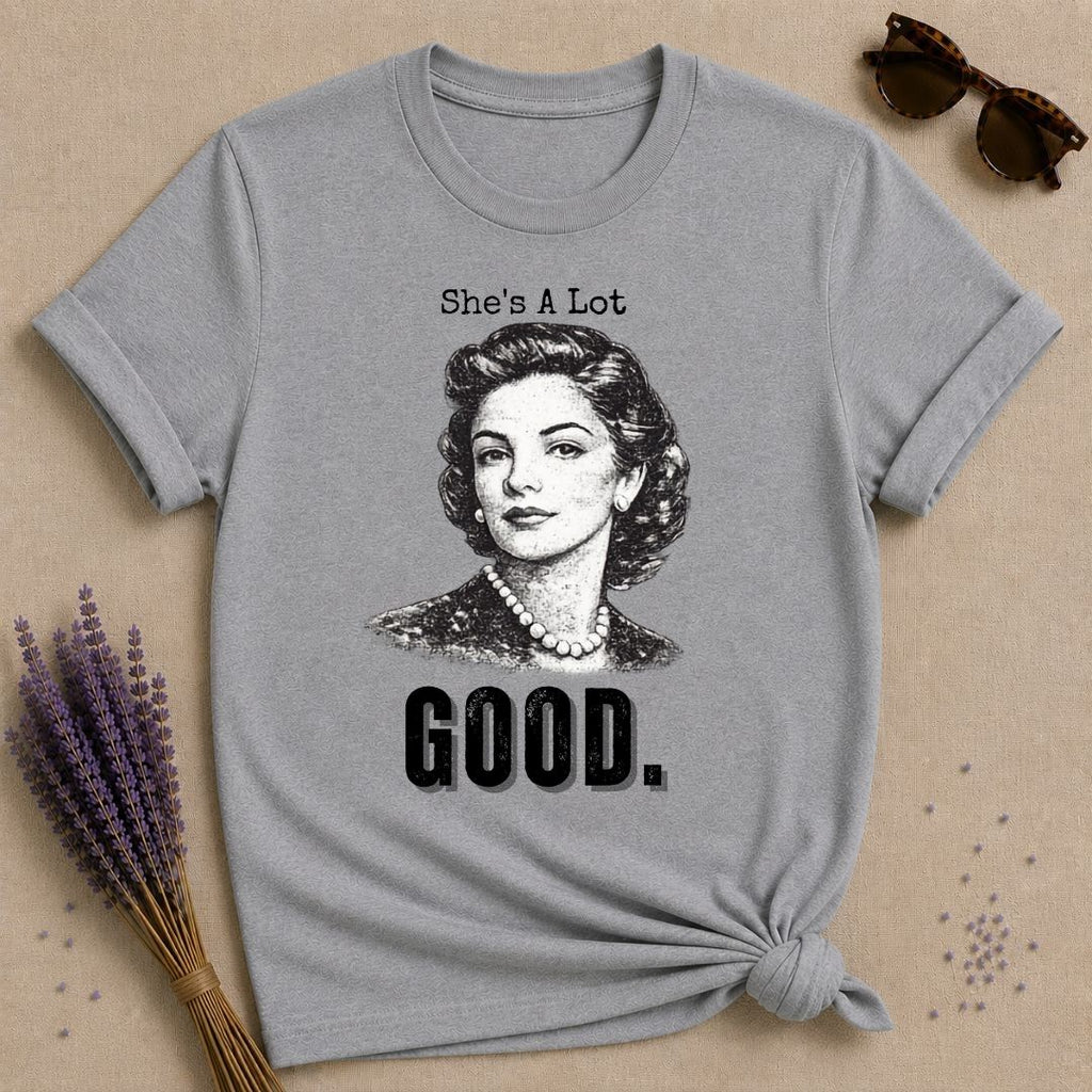 She’s a Lot Good — Washed Out Retro Portrait T-Shirt for Women in Sport Grey