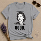 She’s a Lot Good — Washed Out Retro Portrait T-Shirt for Women in Sport Grey