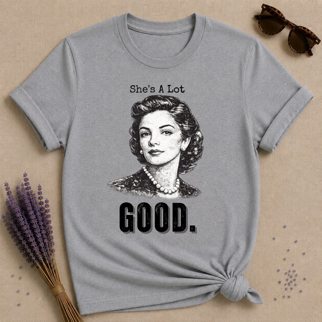 She’s a Lot Good — Washed Out Retro Portrait T-Shirt for Women in Sport Grey