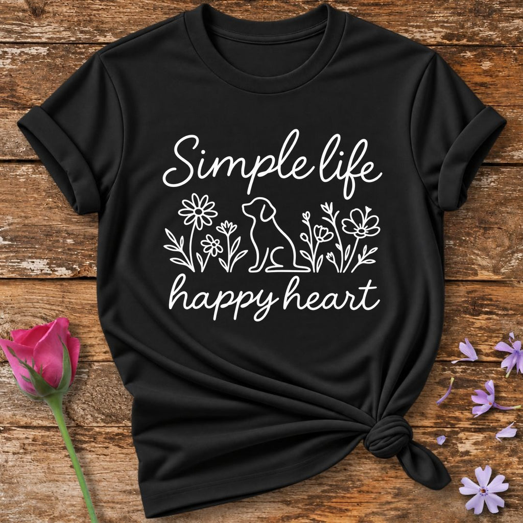 Simple Life Happy Heart — Neon Glow Dog and Floral T-Shirt for Women in Black