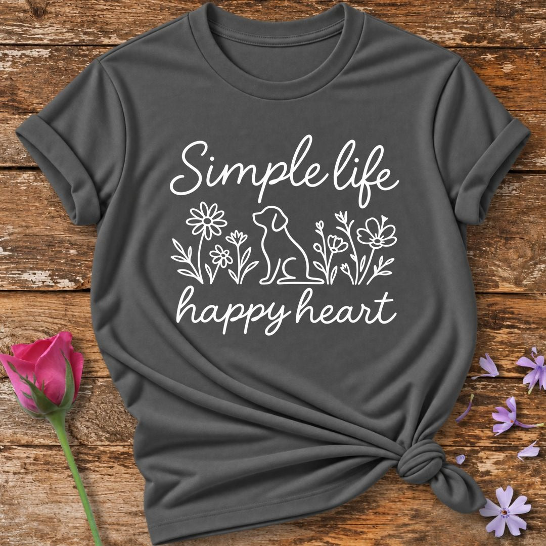 Simple Life Happy Heart — Neon Glow Dog and Floral T-Shirt for Women in Charcoal