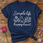 Simple Life Happy Heart — Neon Glow Dog and Floral T-Shirt for Women in Navy