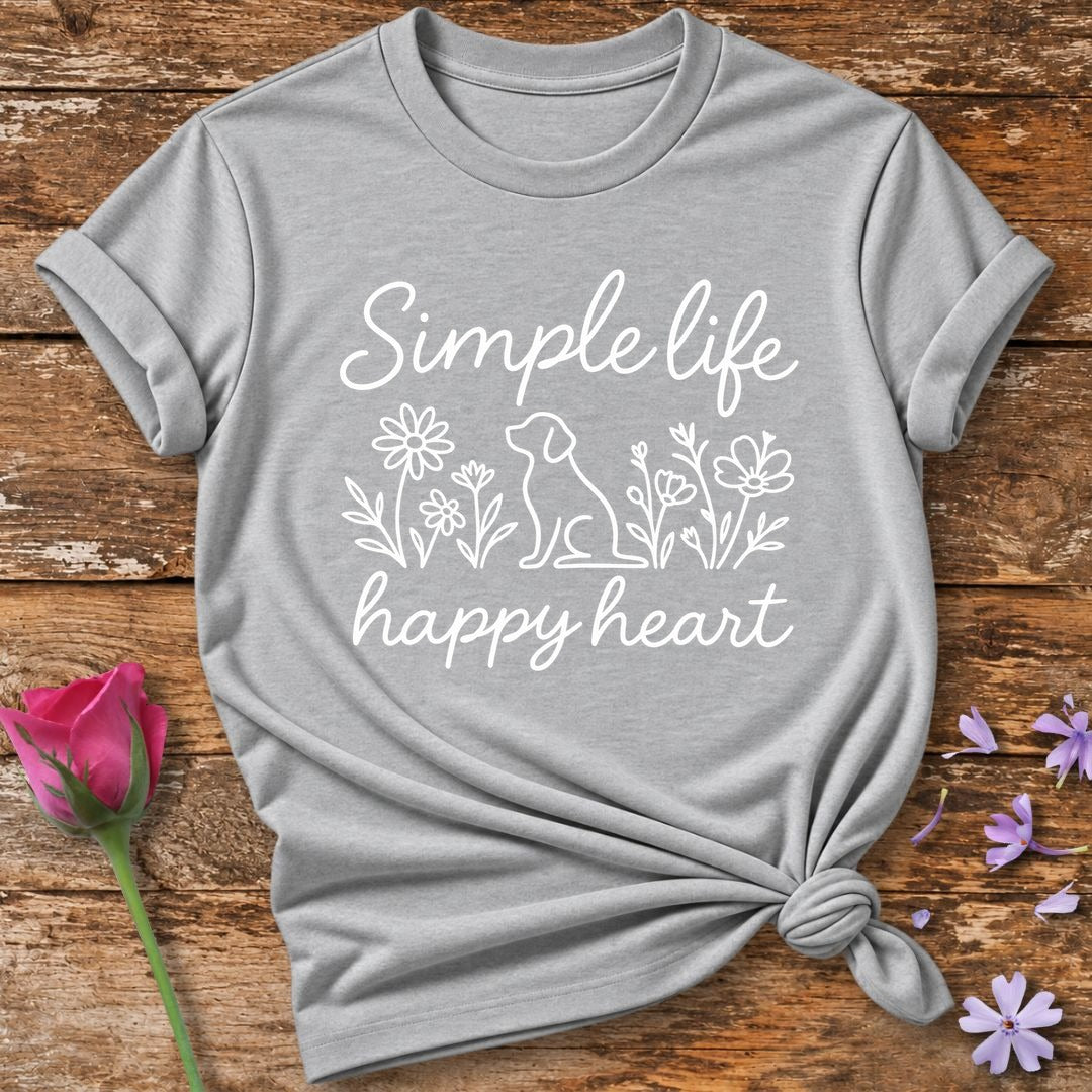 Simple Life Happy Heart — Neon Glow Dog and Floral T-Shirt for Women in Sport Grey