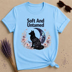 Soft and Untamed — Celestial Wolf Silhouette T-Shirt for Women in Sky
