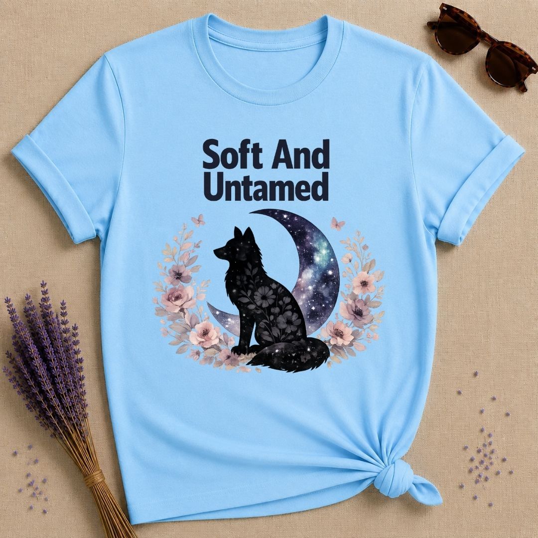 Soft and Untamed — Celestial Wolf Silhouette T-Shirt for Women in Sky