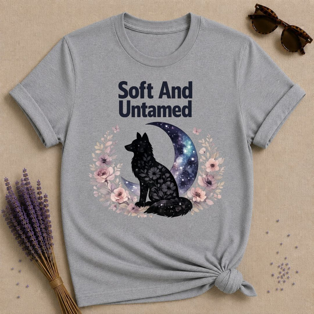 Soft and Untamed — Celestial Wolf Silhouette T-Shirt for Women in Sport Grey