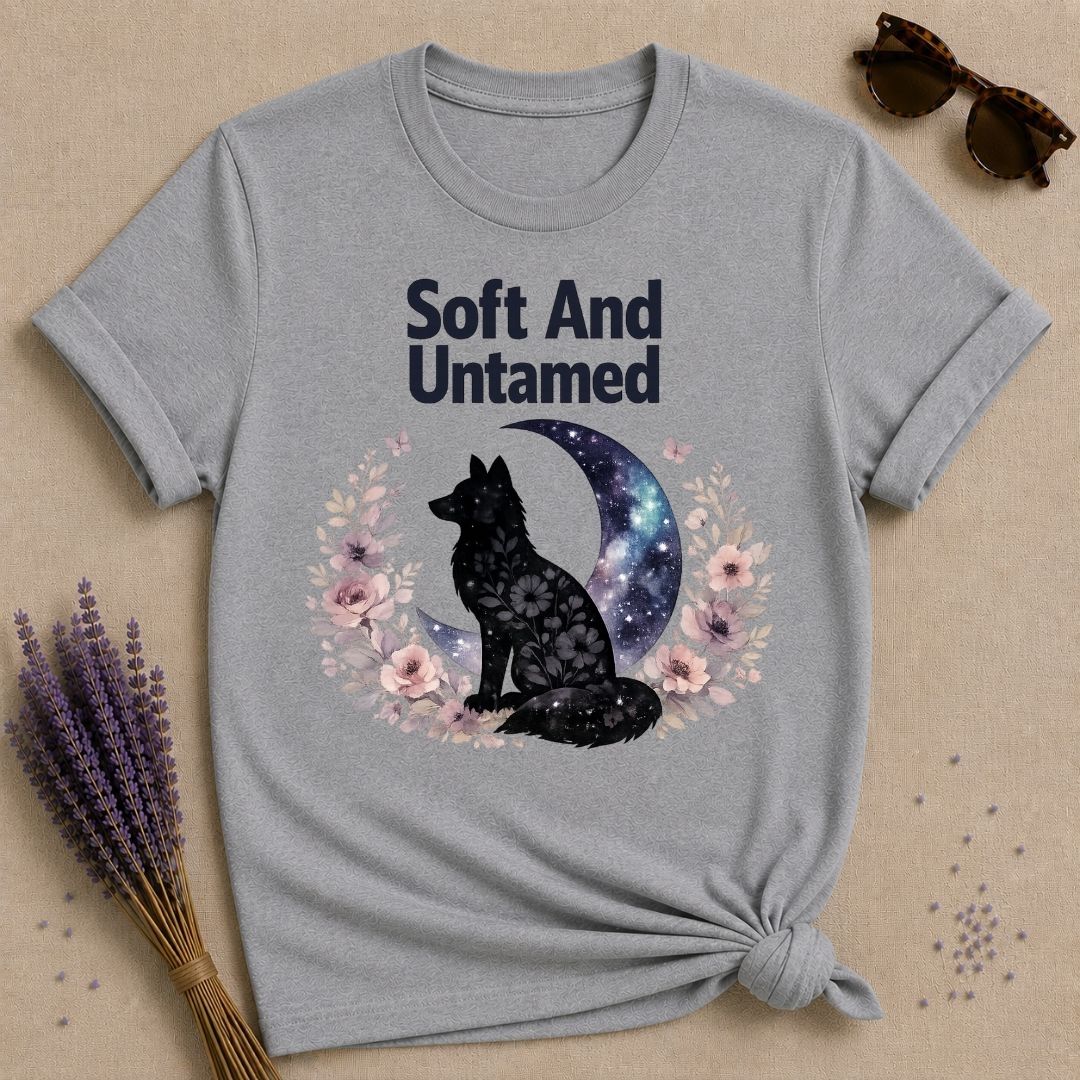 Soft and Untamed — Celestial Wolf Silhouette T-Shirt for Women in Sport Grey