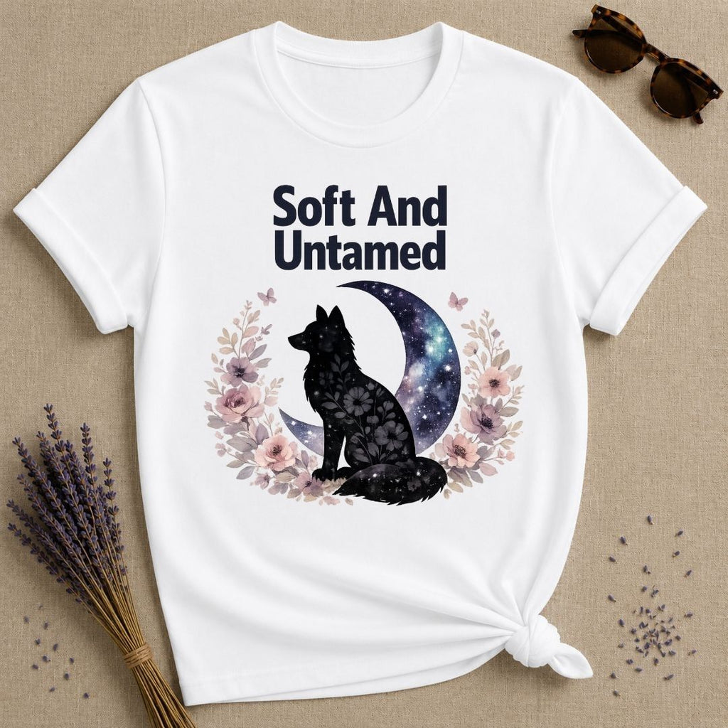 Soft and Untamed — Celestial Wolf Silhouette T-Shirt for Women in White