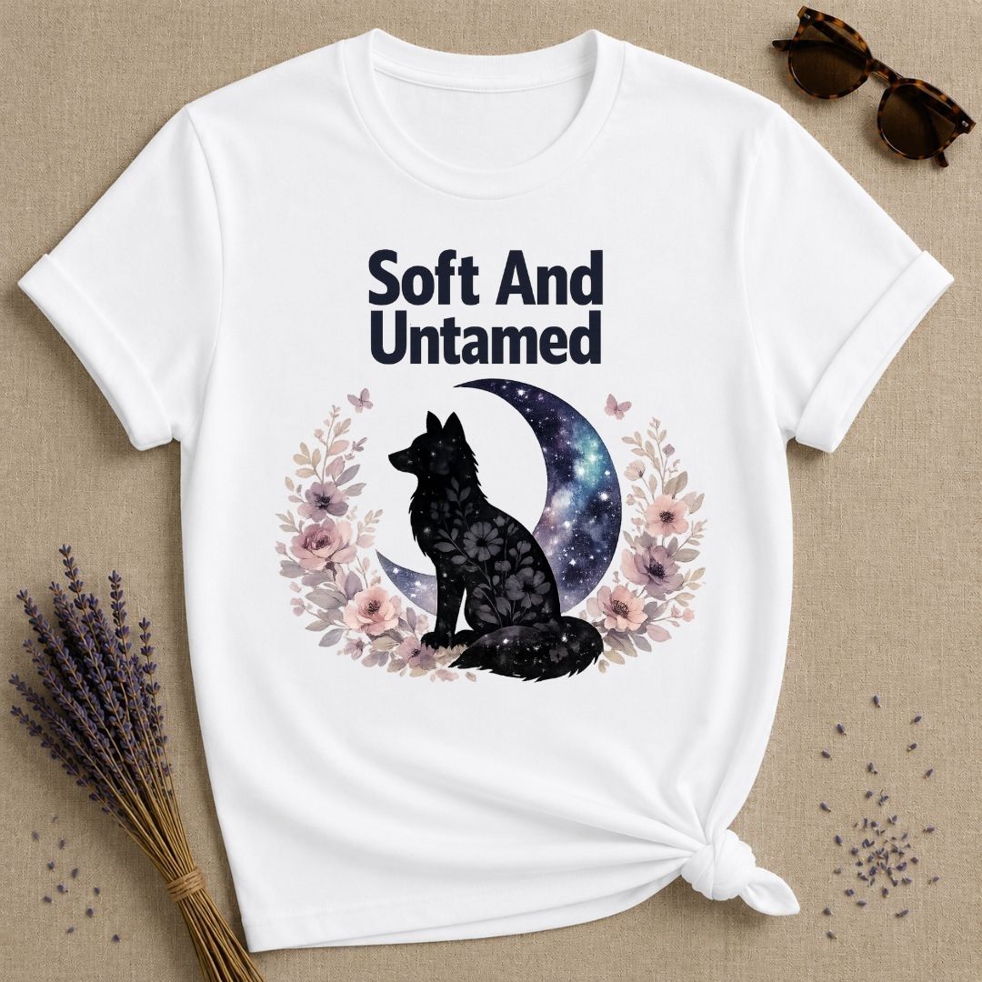 Soft and Untamed — Celestial Wolf Silhouette T-Shirt for Women in White