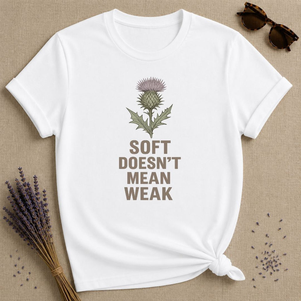 Soft Doesn't Mean Weak — Botanical Thistle T-Shirt for Women in White