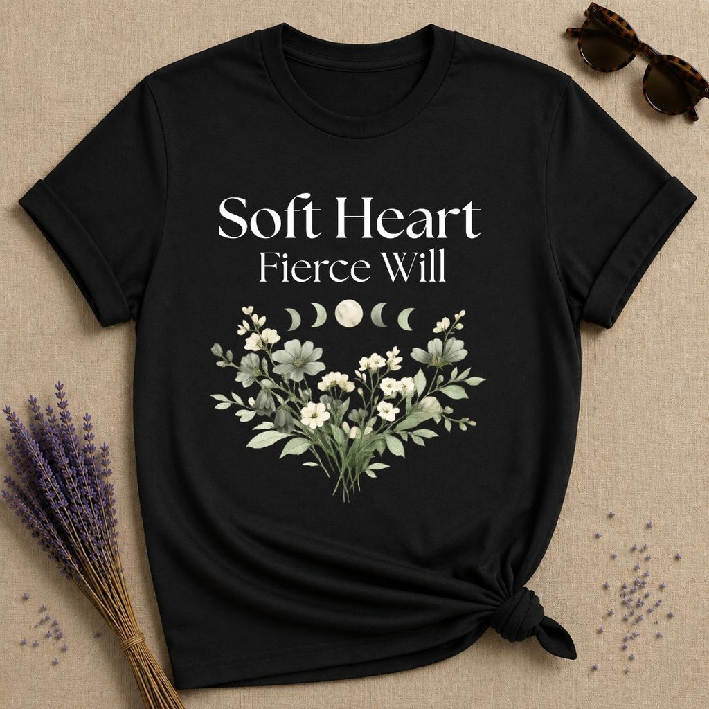 Soft Heart Fierce Will — Celestial Moon Phases Botanical T-Shirt for Women in Black