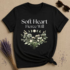 Soft Heart Fierce Will — Celestial Moon Phases Botanical T-Shirt for Women in Black