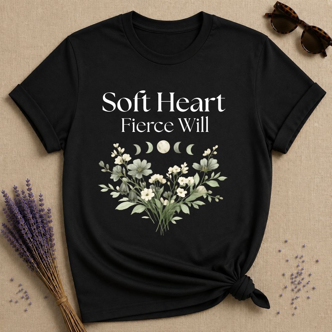 Soft Heart Fierce Will — Celestial Moon Phases Botanical T-Shirt for Women in Black