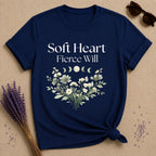 Soft Heart Fierce Will — Celestial Moon Phases Botanical T-Shirt for Women in Navy