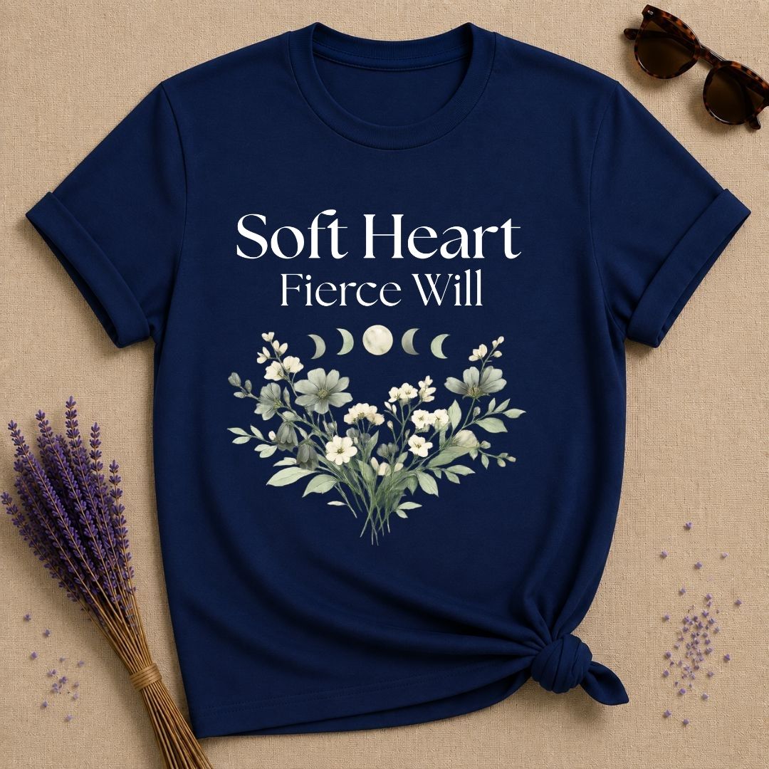 Soft Heart Fierce Will — Celestial Moon Phases Botanical T-Shirt for Women in Navy