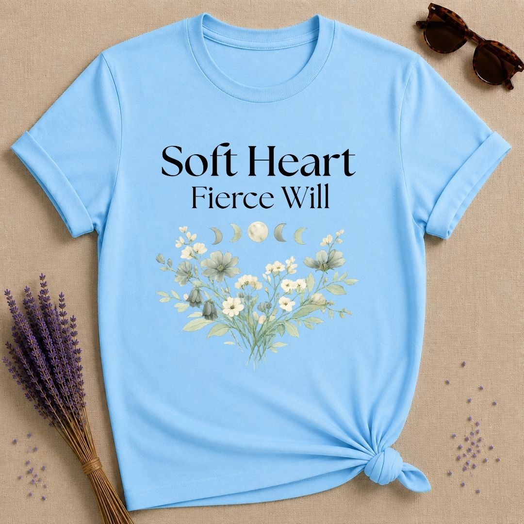 Soft Heart Fierce Will — Celestial Moon Phases Botanical T-Shirt for Women in Sky