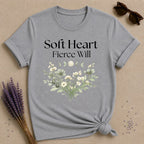 Soft Heart Fierce Will — Celestial Moon Phases Botanical T-Shirt for Women in Sport Grey