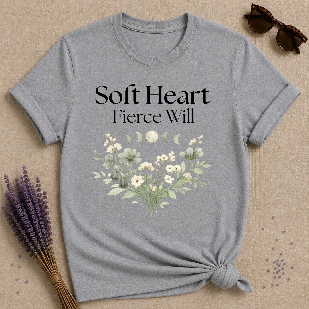 Soft Heart Fierce Will — Celestial Moon Phases Botanical T-Shirt for Women in Sport Grey