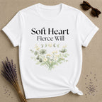 Soft Heart Fierce Will — Celestial Moon Phases Botanical T-Shirt for Women in White