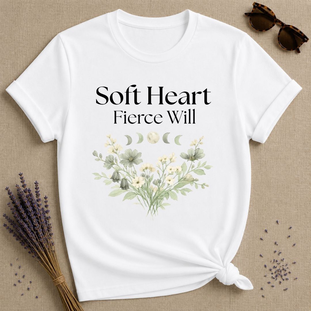 Soft Heart Fierce Will — Celestial Moon Phases Botanical T-Shirt for Women in White