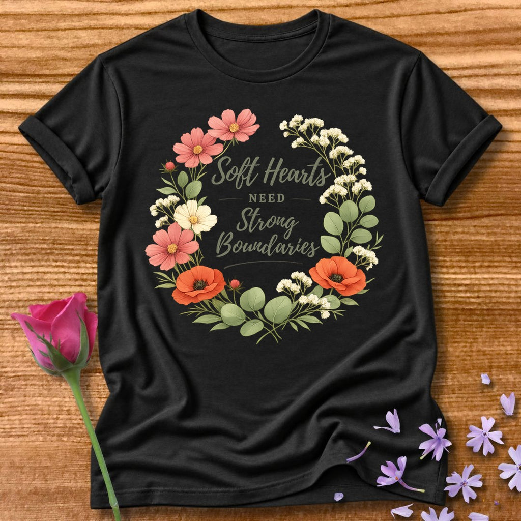 Soft Hearts Need Strong Boundaries — Floral Wreath in Black